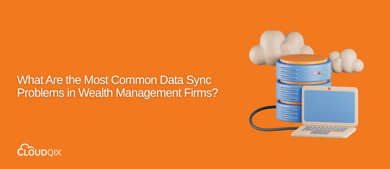 Illustration of connected servers and a laptop representing common data sync problems in wealth management firms.